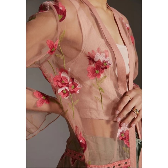 ANTHROPOLOGIE | NWT $198 Bl-nk London Pink Tulle Embroidered Floral Kimono, OS - Picture 5 of 14